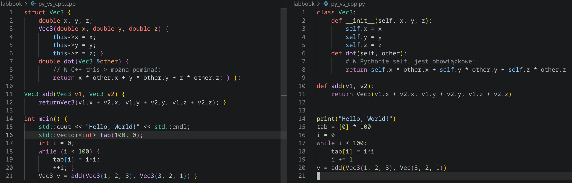 Python vs CPP próbka kodu