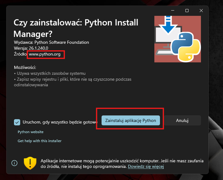 Screenshot: uruchamianie instalatora