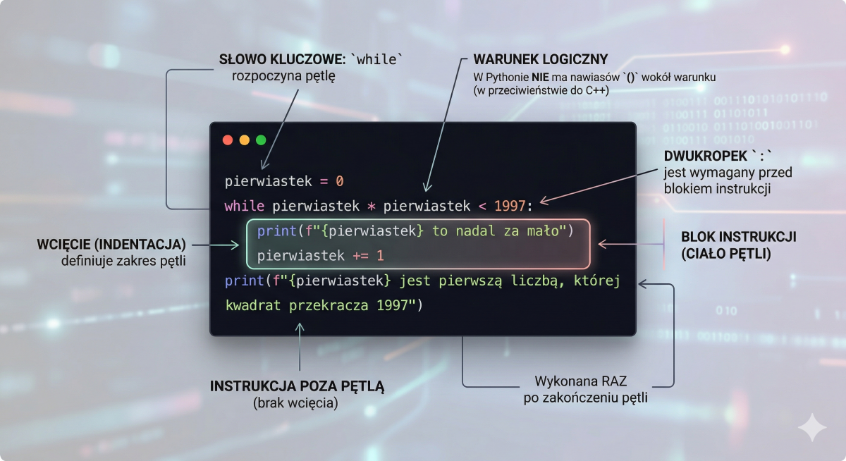 Ilustracja składni instrukcji while wygenerowana przez Gemini